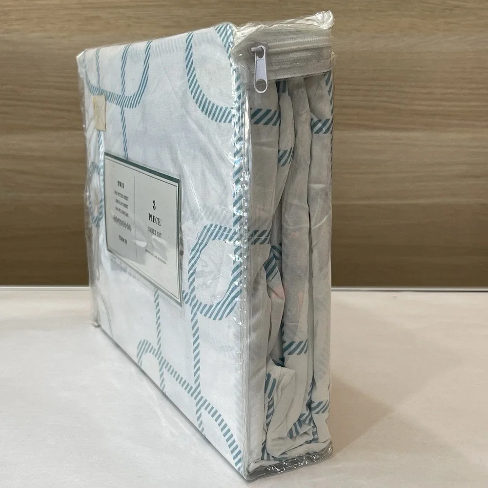 Tracie Twin Sheet Set 3 Piece White Aqua Blue Geometric Pattern New In Package